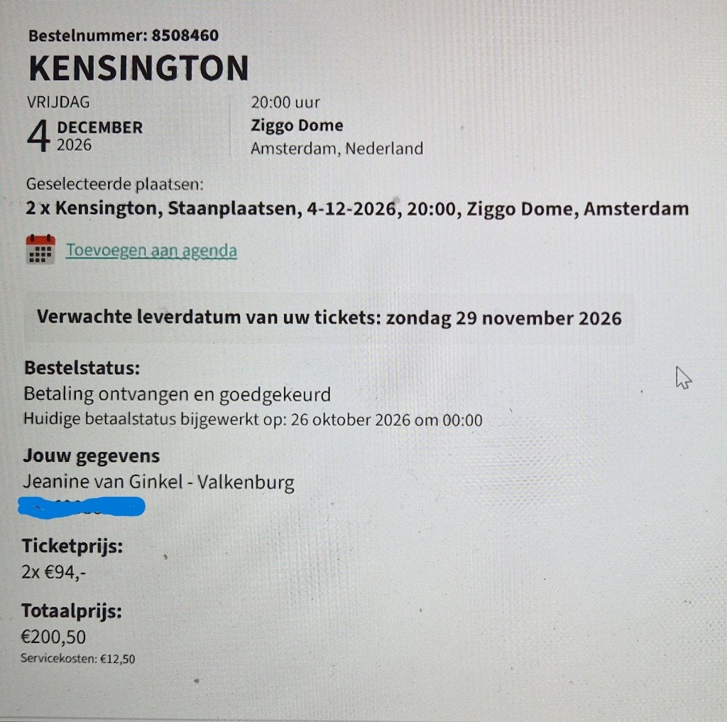 Concertkaarten Kensington, Twee personen, December