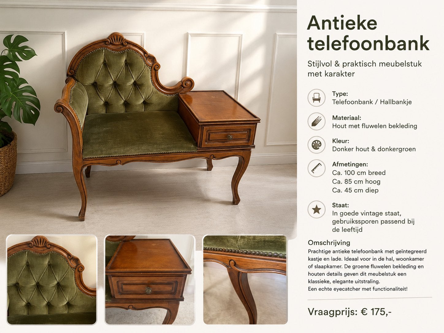 Antieke telefoonbankje, Antiek en Kunst, Antiek | Meubels | Stoelen en Banken, Ophalen