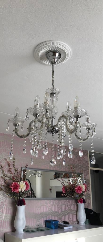maria theresia Kroonluchter met Echte Kristallen Pegels, Ophalen of Verzenden, Zo goed als nieuw, Glas