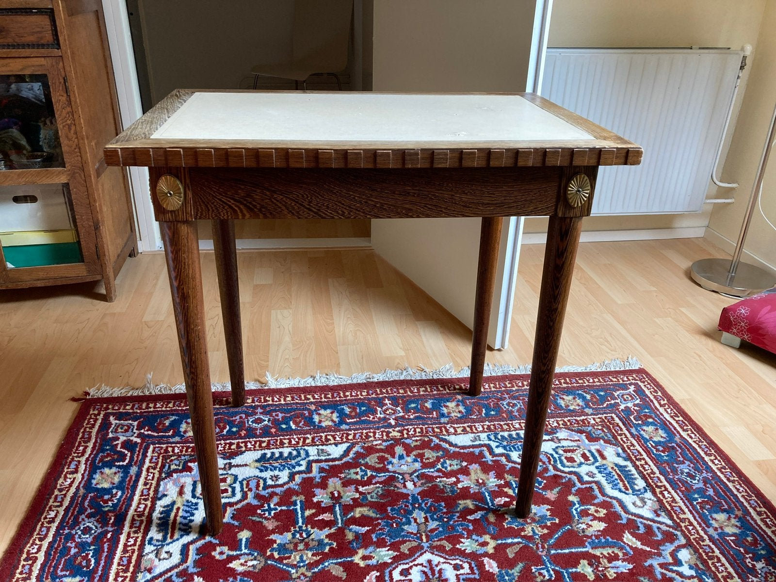 Vintage, antiek massief eiken postkantoor-tafeltje, Ophalen, Gebruikt, 50 tot 100 cm, Eikenhout