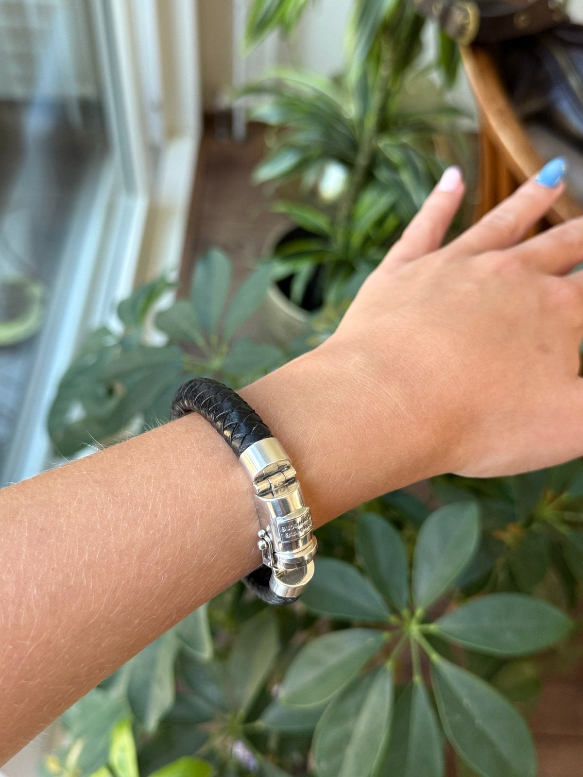 Buddha to Buddha Ben Leather Black armband maat E 925 zilver, Ophalen of Verzenden, Gebruikt, Zwart, Leer