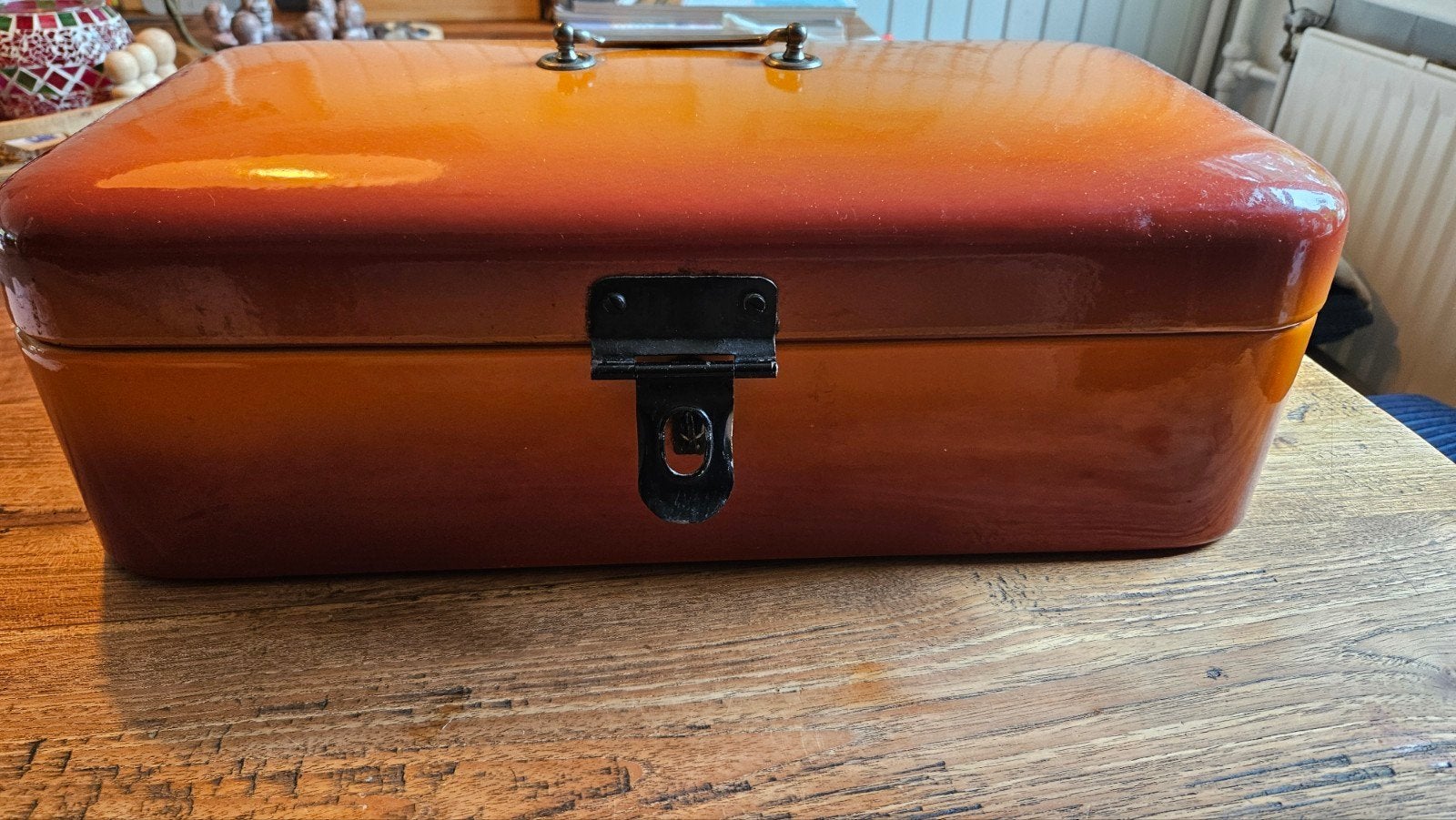Vintage Broodtrommel Oranje-Rood Emaille, Ophalen of Verzenden