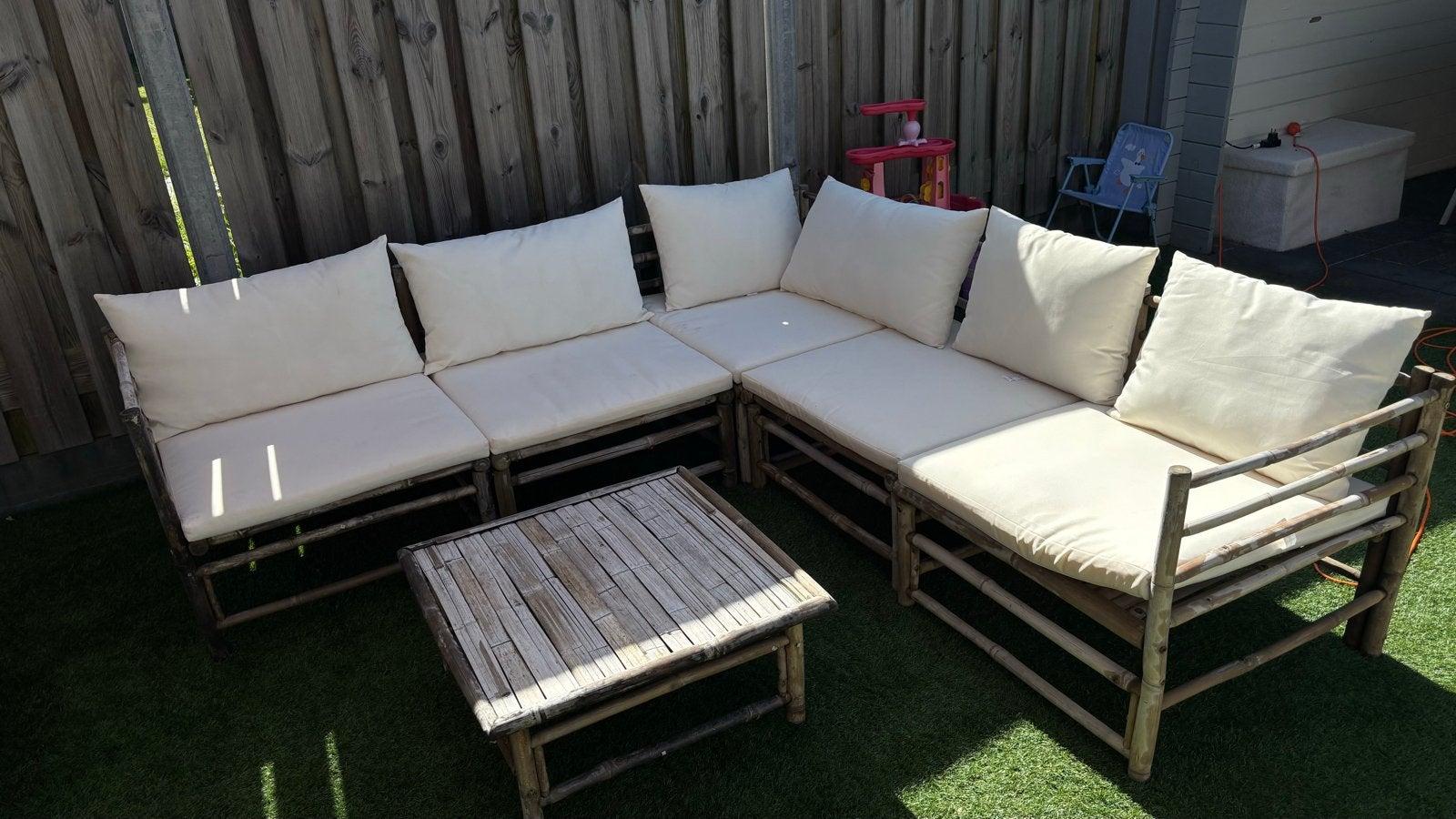 Bamboe loungeset met kussens, Ophalen, Gebruikt, Meer dan 8 zitplaatsen, Loungeset