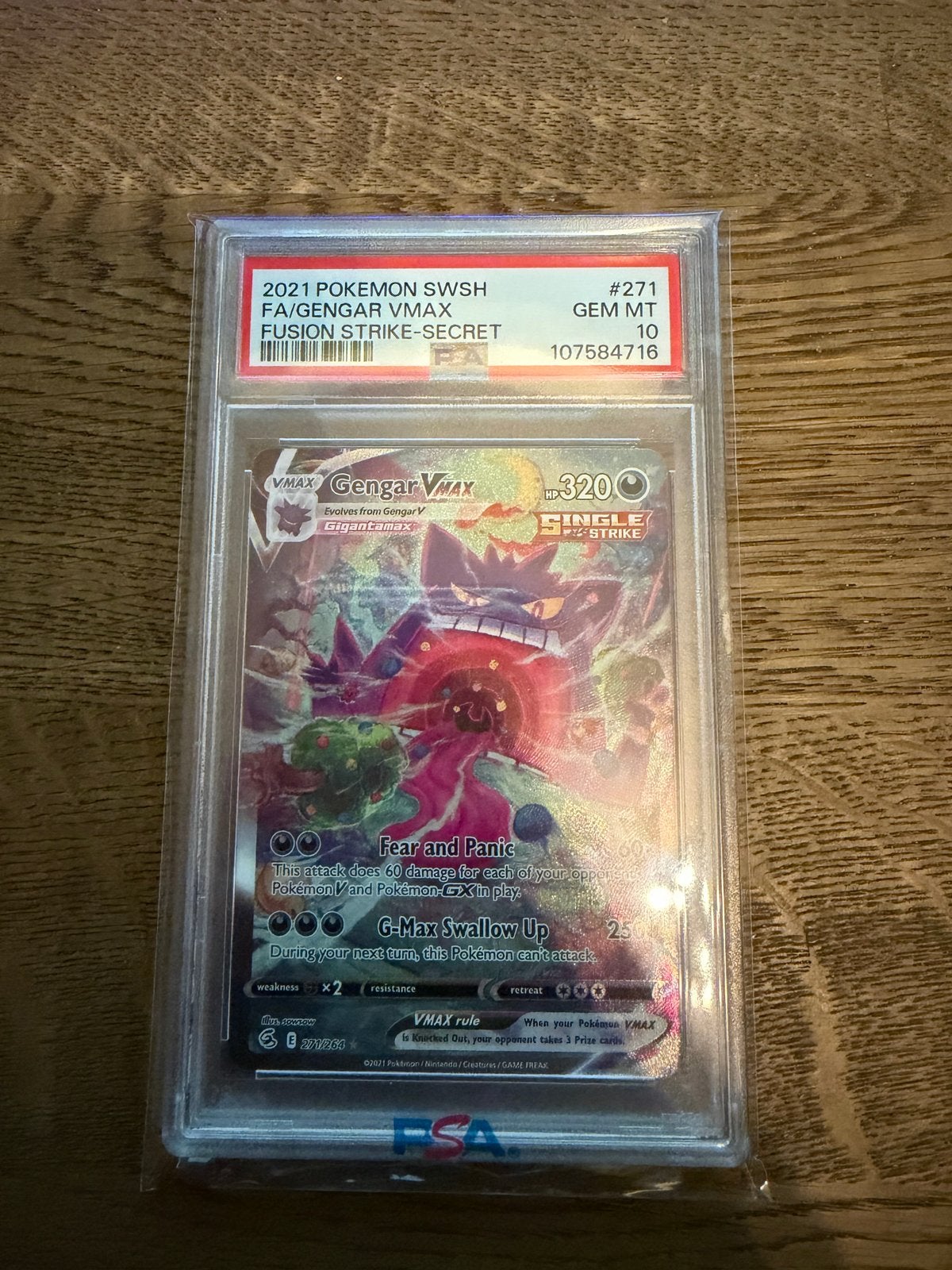 Gengar VMAX 271 PSA 10 Fusion Strike Pokémon Kaart, Hobby en Vrije tijd, Ophalen, Nieuw, Losse kaart, Foil