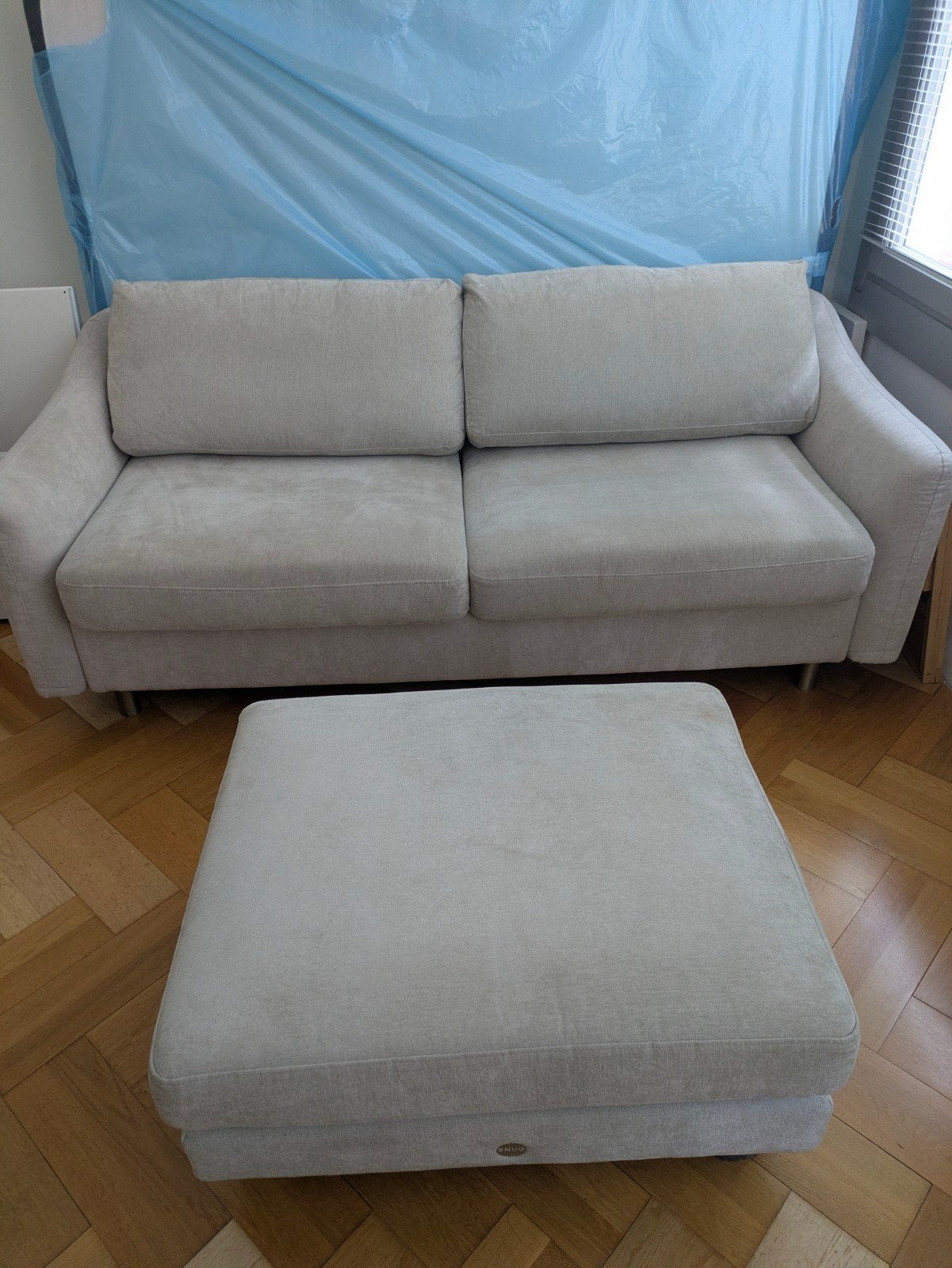Slaapbank hoekbank met poef - beige, 2-persoons, Ophalen, Gebruikt, Beige, Tweepersoons