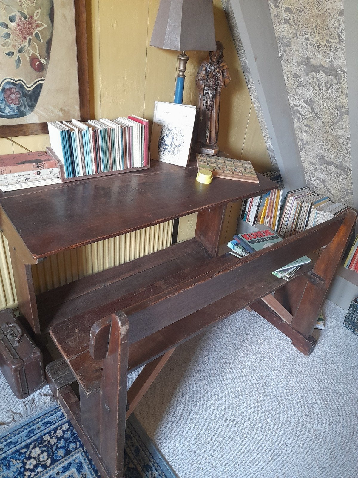 Antieke schoolbank met losse bank en tafelblad, Antiek en Kunst, Ophalen