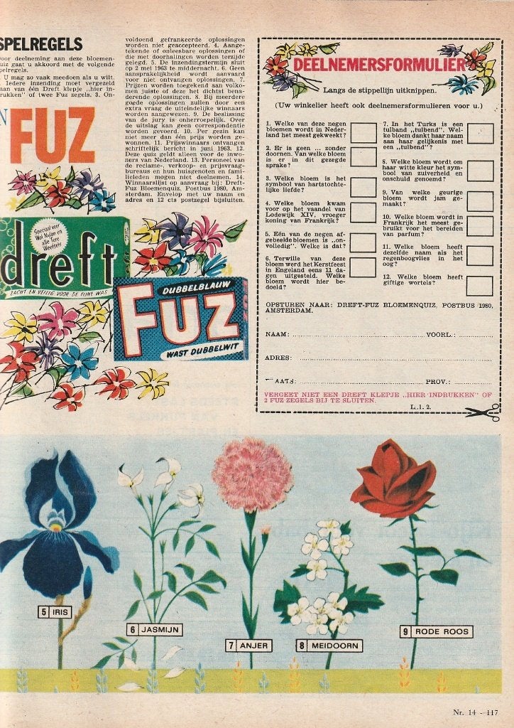 Retro reclame 1963 Fuz wasmiddel bloemen quiz, Verzenden, Overige typen