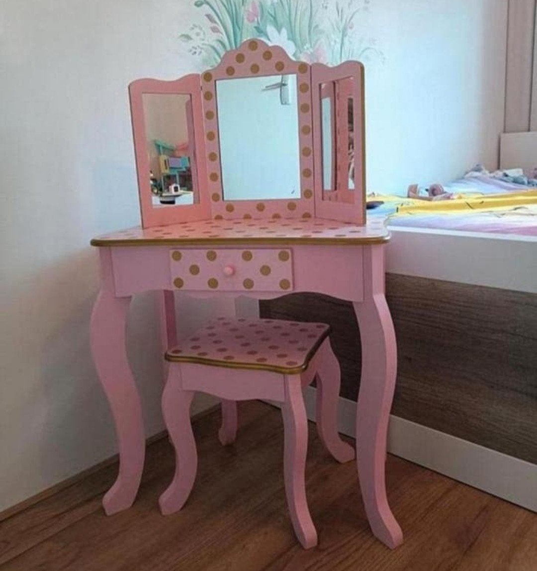 Roze kinder kaptafel met krukje, 3-luik spiegel en lade, Ophalen, Gebruikt, 50 tot 100 cm, Kinderlijk, Speels
