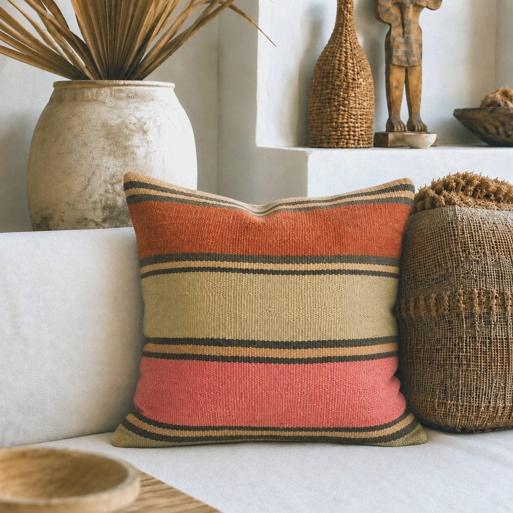 Kelimkussen 45x45 roze roest beige bruin van vintage kelim, Yazgibi, Meerkleurig, Handgemaakt, Vierkant