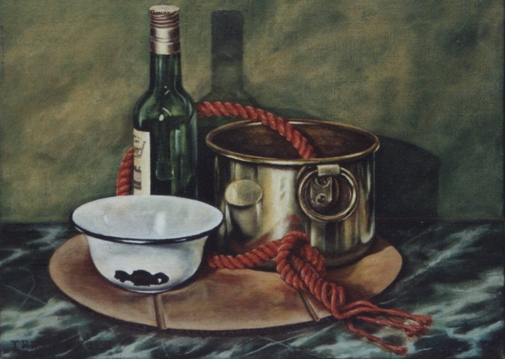 Stilleven met koperen pot, Antiek en Kunst, Doek, Stilleven, Ophalen of Verzenden, Handgeschilderd
