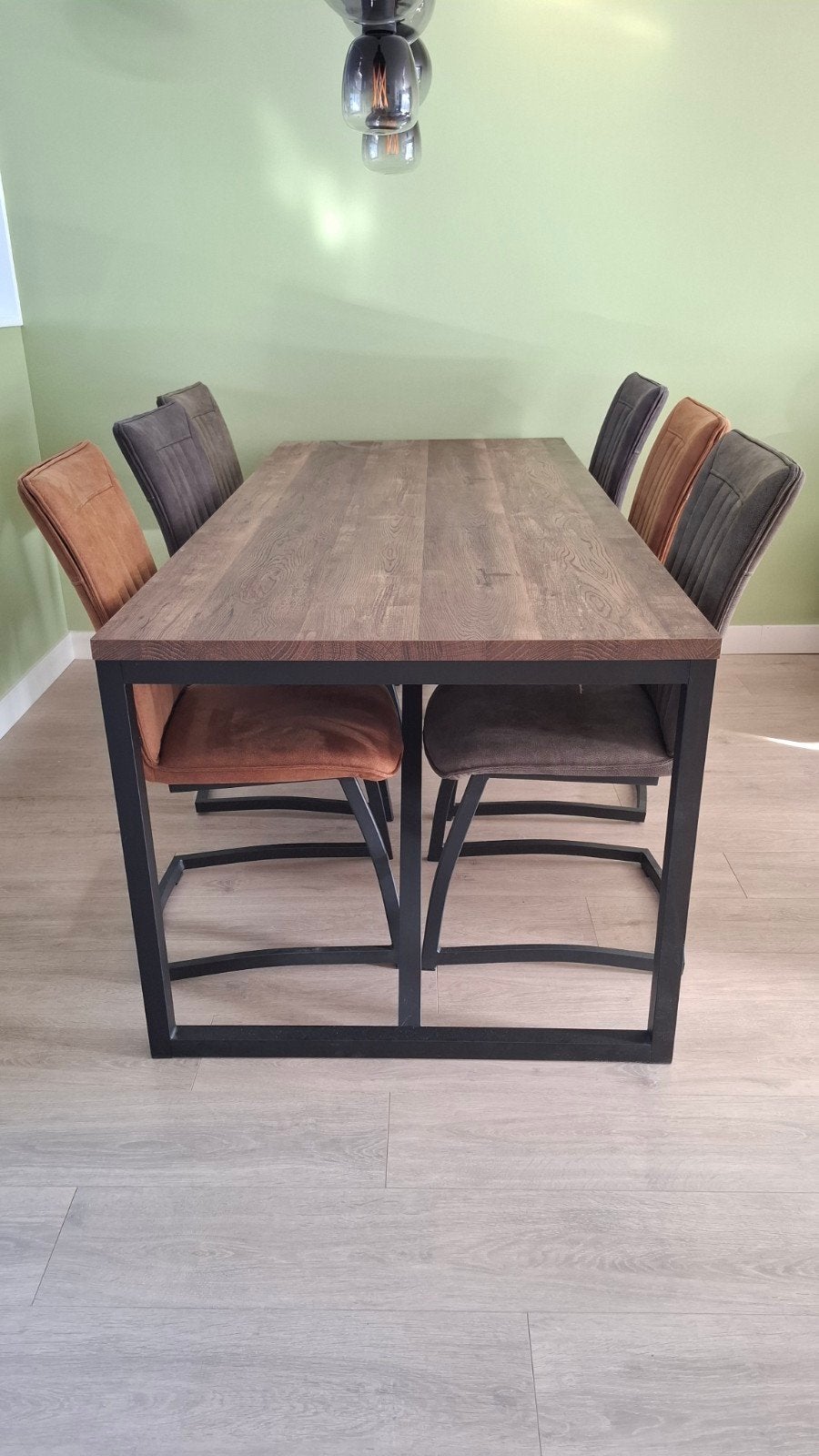 Eettafel met 6 stoelen in cognac, mosgroen en antraciet, Huis en Inrichting, Ophalen, Gebruikt, 50 tot 100 cm, Vijf personen of meer