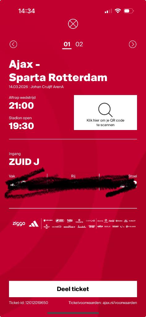 Ajax sparta 2x vak 426, Tickets en Kaartjes, Eén persoon, December