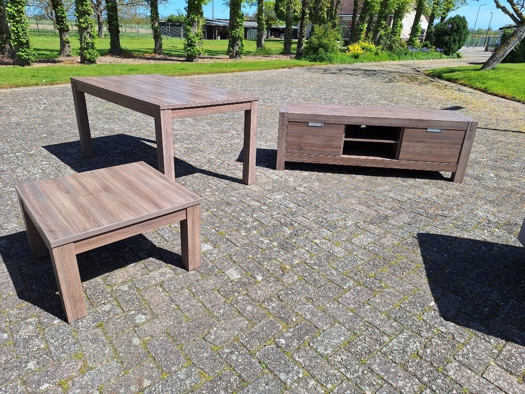 Set tv meubel, eettafel en salontafel / tafel/ kast, Gebruikt, 100 tot 150 cm, Eikenhout, Ophalen of Verzenden