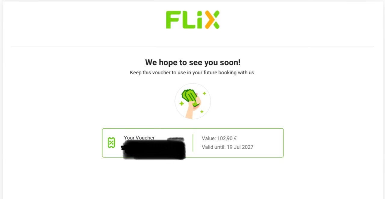 FlixBus voucher €102,90 – geldig t/m 19 juli 2027, Eén persoon, Cadeaubon