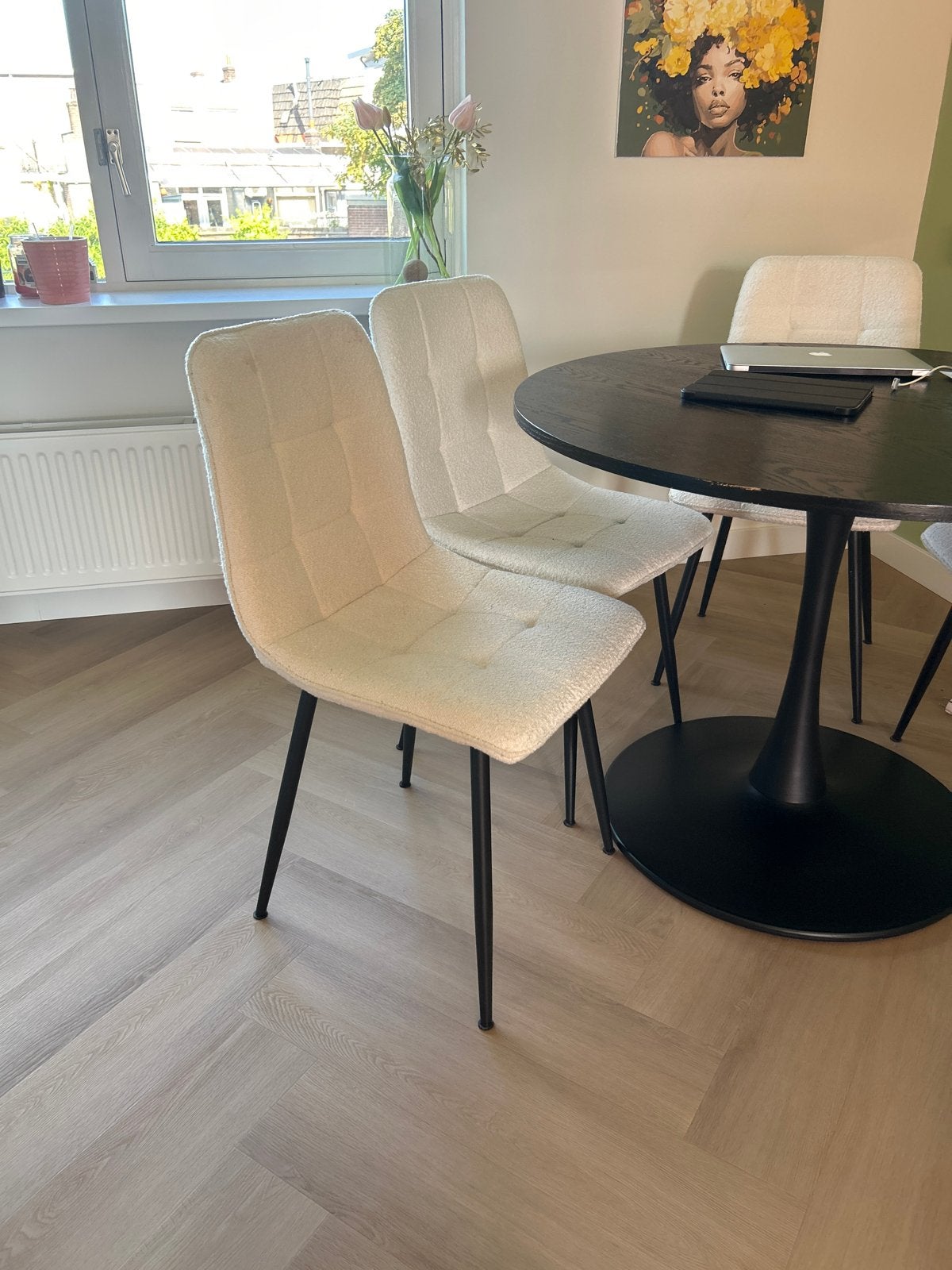 4x Boucle/Teddy witte stoelen /eetkamerstoelen, Huis en Inrichting, Ophalen, Wit, Zo goed als nieuw, Vier