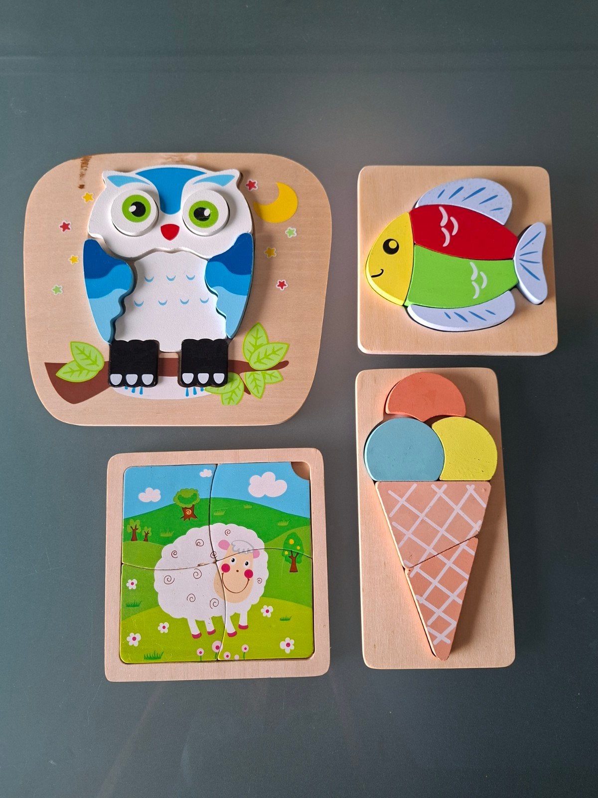 Houten Puzzels Set - Uil, Vis, IJsje, Schaap, Ophalen of Verzenden, Zo goed als nieuw, Overige typen