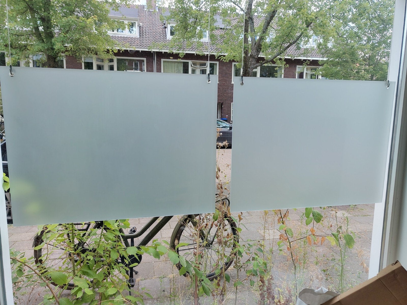 2 glazen melkglas / satijnglas privacypanelen, Ophalen, Gebruikt, Minder dan 80 cm, 80 tot 120 cm