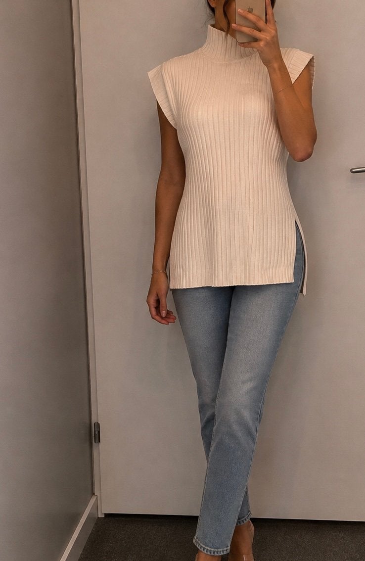 Creme ribbed trui met col, korte mouwen, maat M, Ophalen of Verzenden, Zo goed als nieuw, Maat 38/40 (M), Beige
