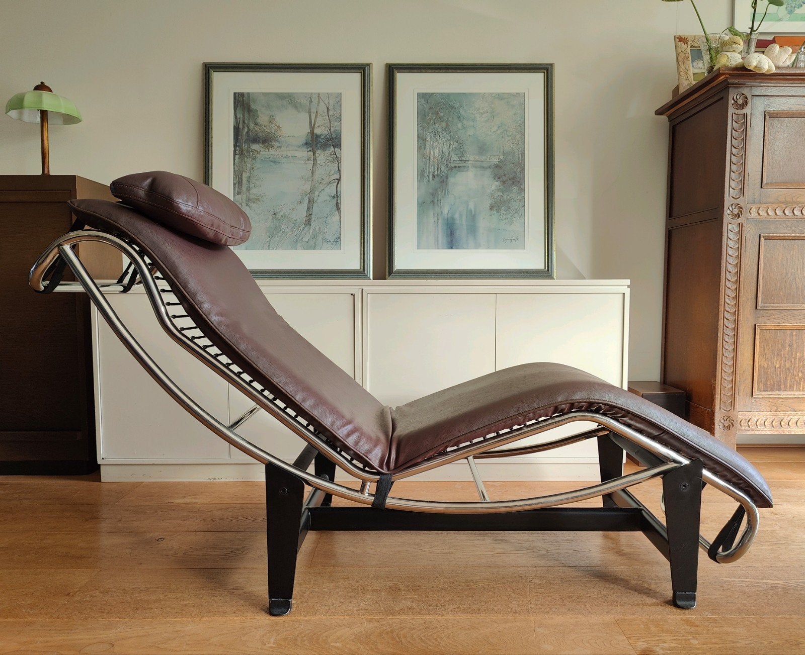 Design chaise longue in Le Corbusier LC4 stijl bruin skai, Ophalen, Gebruikt, Eenpersoons, Leer