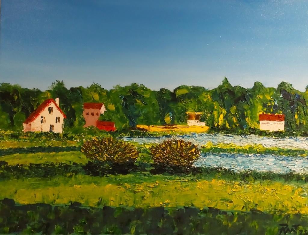 Olieverf Schilderij pontveer Eck en Wiel naar Amerongen, Ophalen, Oorspronkelijke maker, Nieuw, Schilderij