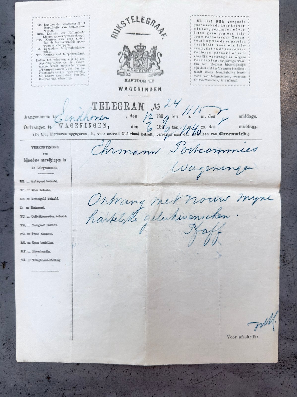 Historisch Telegram uit 1899 - Wageningen, Ophalen of Verzenden, Overige typen