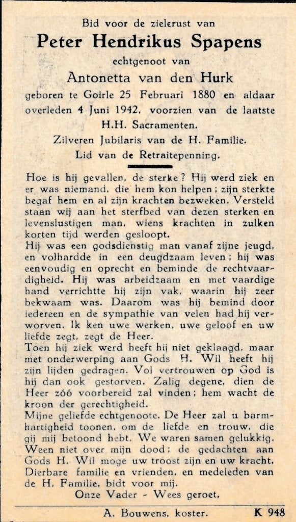Spapens Peter 1889 Goirle 1942, Ophalen of Verzenden, Bidprentje