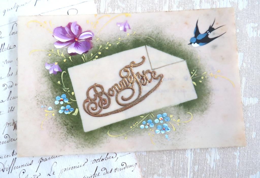 Antieke Franse celluloid kaart “Bonne Fête”, Ophalen of Verzenden