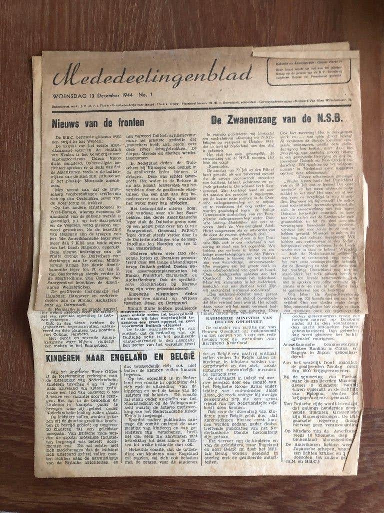 Breda 2x Mededeelingenblad 13 en 19 december 1944., Boeken, Oorlog en Militair, Tweede Wereldoorlog, Verzenden, Zo goed als nieuw