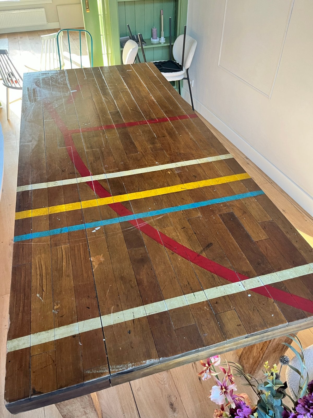Vintage sportvloer eet- of vergadertafel, Ophalen, Gebruikt, 100 tot 150 cm, 200 cm of meer