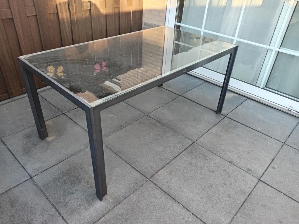Bellagio tuintafel met glazen blad, Ophalen, Gebruikt, Rechthoekig, Metaal