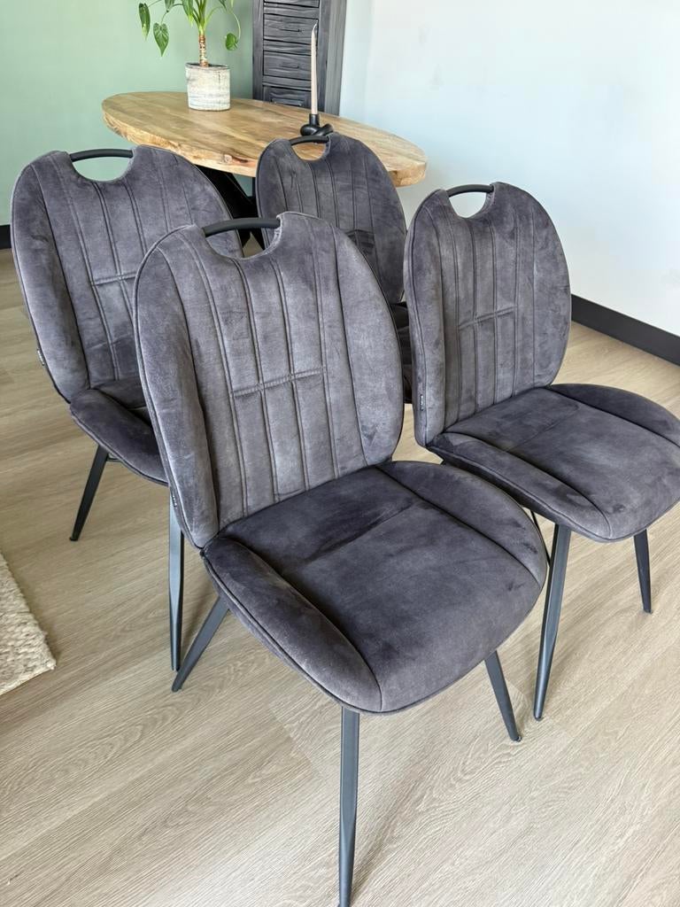 4 Luxe Eetkamerstoelen Austin – Antraciet – Zeer nette staat, Ophalen, Gebruikt, Vier, Stof