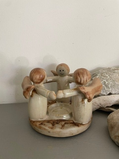 Vintage theelicht houder. Keramiek glazuur engeltjes. Bruin, Ophalen, Bruin, Zo goed als nieuw, 11 cm