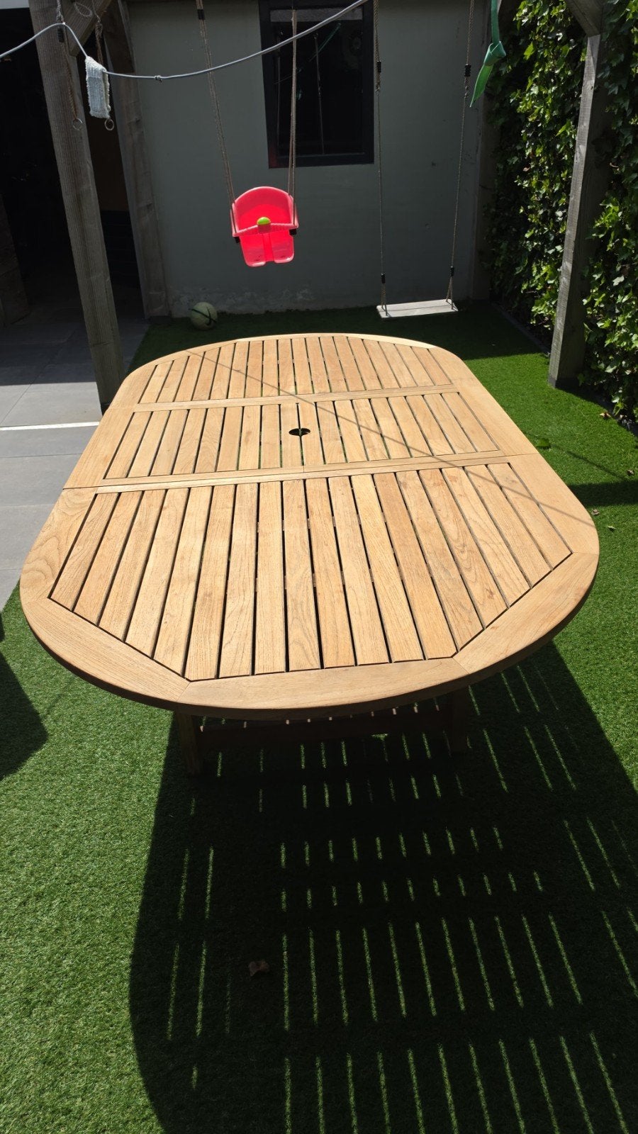 Ovale Teakhouten Tuintafel - Uitschuifbaar, Tuin en Terras, Ophalen, Gebruikt, Ovaal, Teakhout