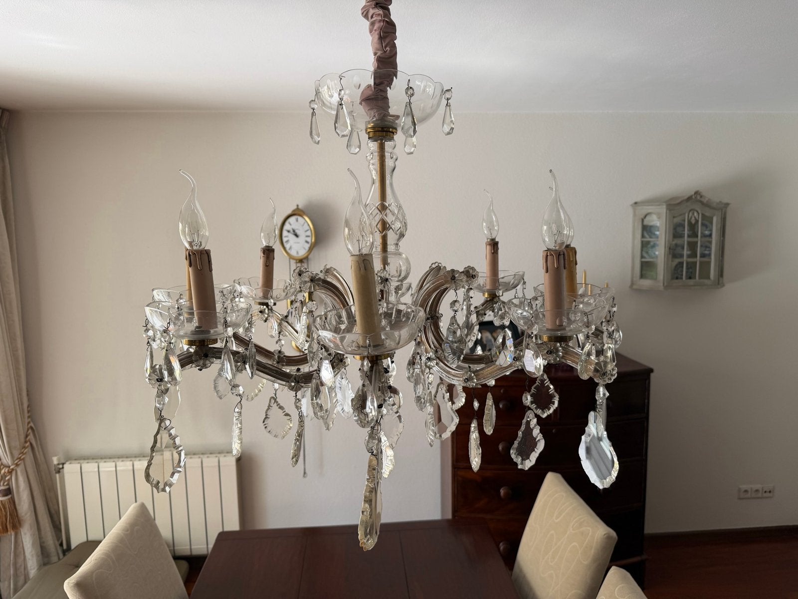 Elegante Kristallen Kroonluchter met 6 Lichtpunten, Ophalen, Gebruikt, Glas, E14 (klein)