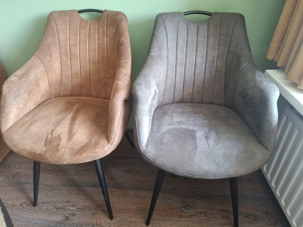 4 eetkamerstoelen suede look met metale poten, Ophalen, Gebruikt, Bruin, Vier