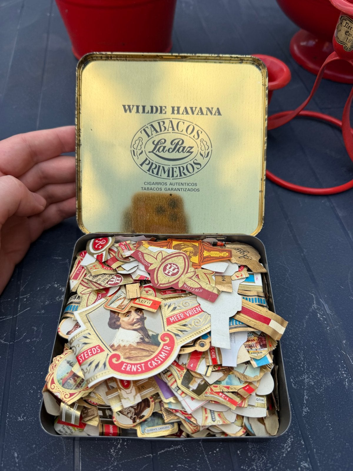 Verzameling vintage sigarenbandjes in blik, Ophalen of Verzenden, Gebruikt