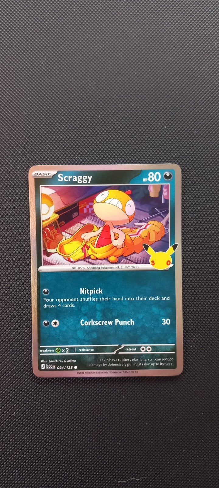 Pokemon Kaart Scraggy 094/128 30th anniversary, Ophalen of Verzenden, Zo goed als nieuw, Losse kaart