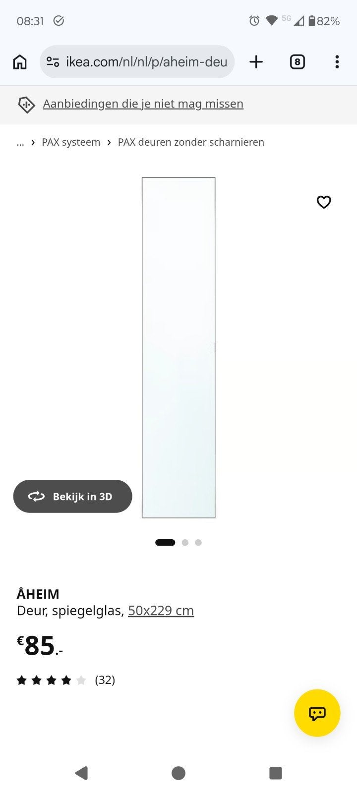 3x IKEA AHEIM SPIEGELDEUR PAX, Huis en Inrichting, Ophalen, Zo goed als nieuw, 50 tot 100 cm, 200 cm of meer