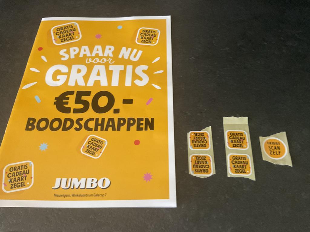 5 JUMBO boodschappen zegels “gratis”, Ophalen of Verzenden, Winkel, Super of Benzinepomp, Zegels, Bonnen of Punten