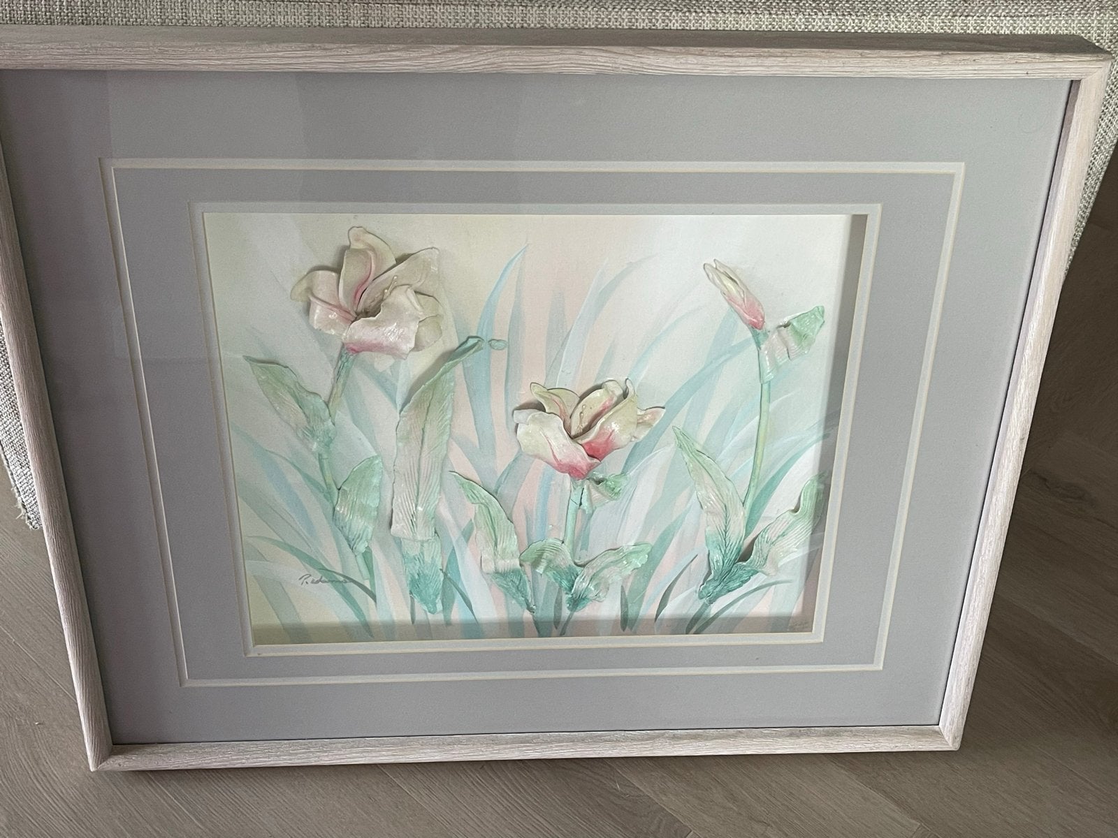 Schilderij met bloemen van verf en klei, Overige stijlen, Overige ondergronden, Ingelijst, Gemengde techniek