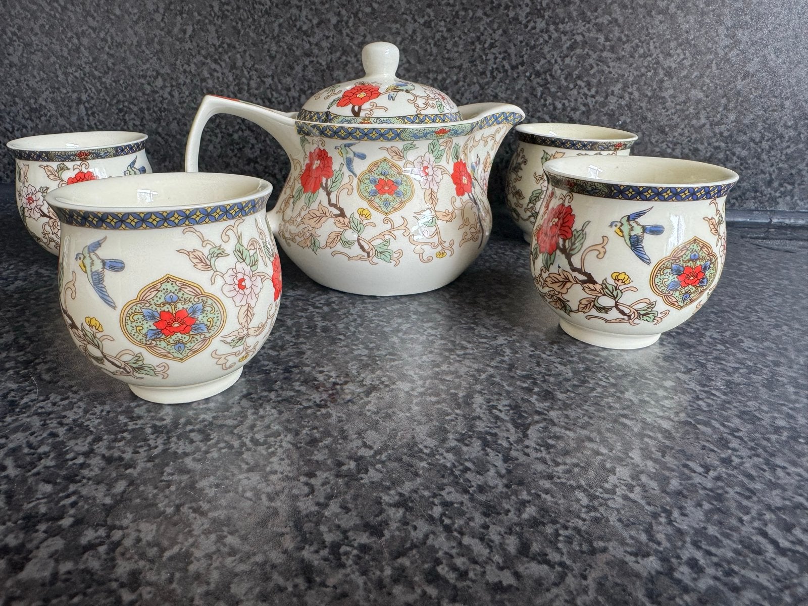 Vintage theepot met 4 kopjes - Bloemen en vogels, Ophalen of Verzenden