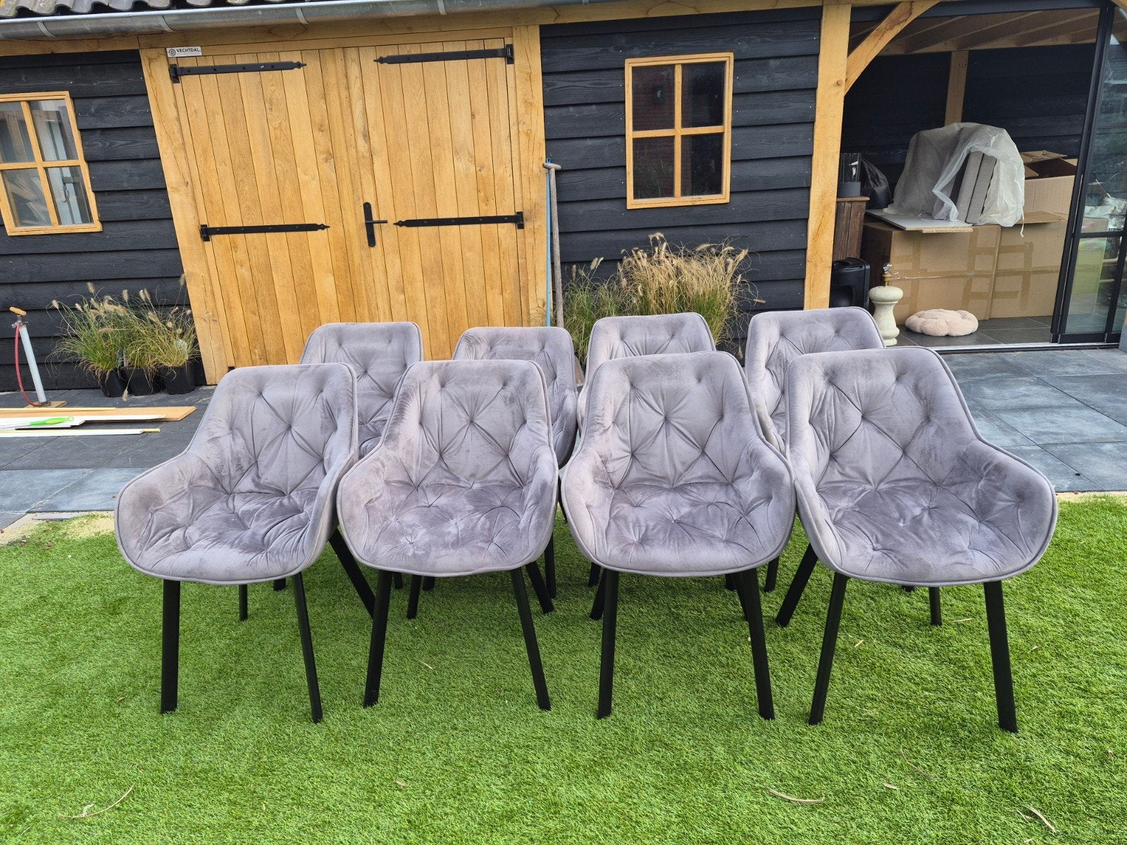 Eetkamerstoelen velvet grijs antraciet met draaipoot, Ophalen, Gebruikt, Metaal, Grijs