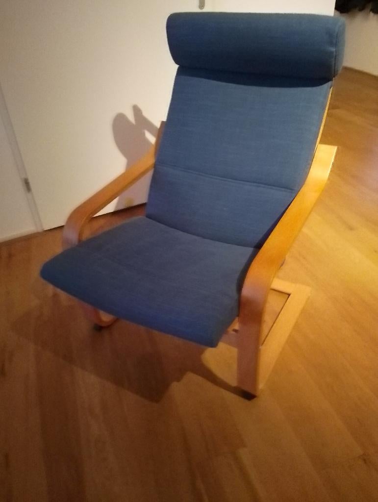 Ikea POÄNG fauteuil met nieuwe donkerblauwe bekleding, Ophalen, Minder dan 75 cm, Zo goed als nieuw, Stof