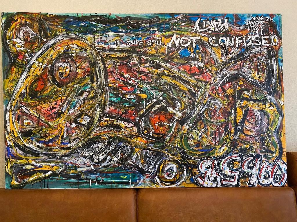 Groot abstract schilderij met textuur en vlieg, Ophalen