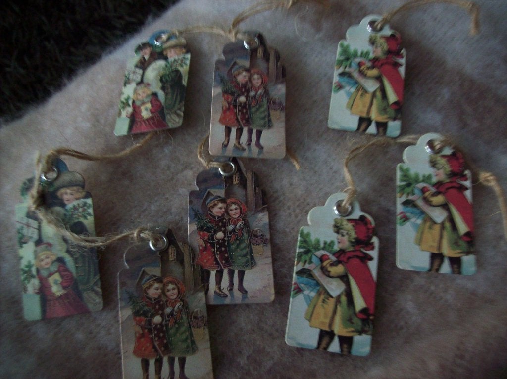 7 brocante kerst labeltjes 3bij6cm   waarvan 3verschillend, Diversen, Ophalen, Zo goed als nieuw