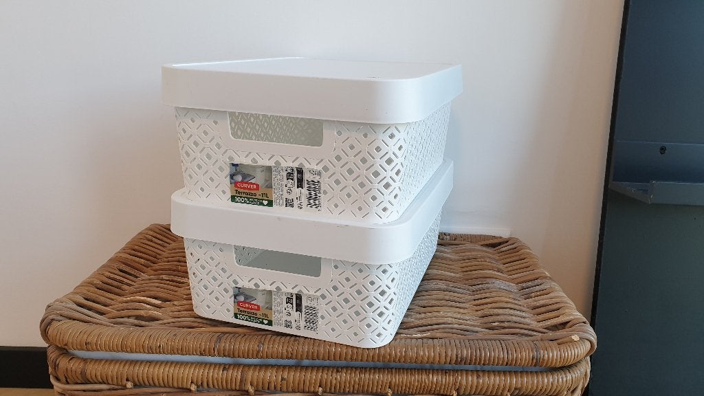 2x Curver Terrazzo Opbergmanden 11L Wit met Deksel, Kunststof, Met deksel, Mand, Ophalen of Verzenden