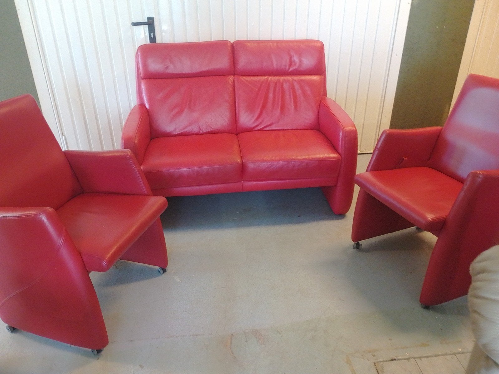 Rode leren bank en twee fauteuils - Landsknecht, Gebruikt, 150 tot 200 cm, Tweepersoons, Ophalen of Verzenden