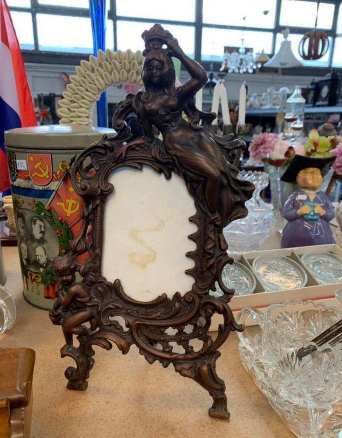antiek jugendstil bronzen fotolijstje afbeelding vrouw engel, Ophalen of Verzenden