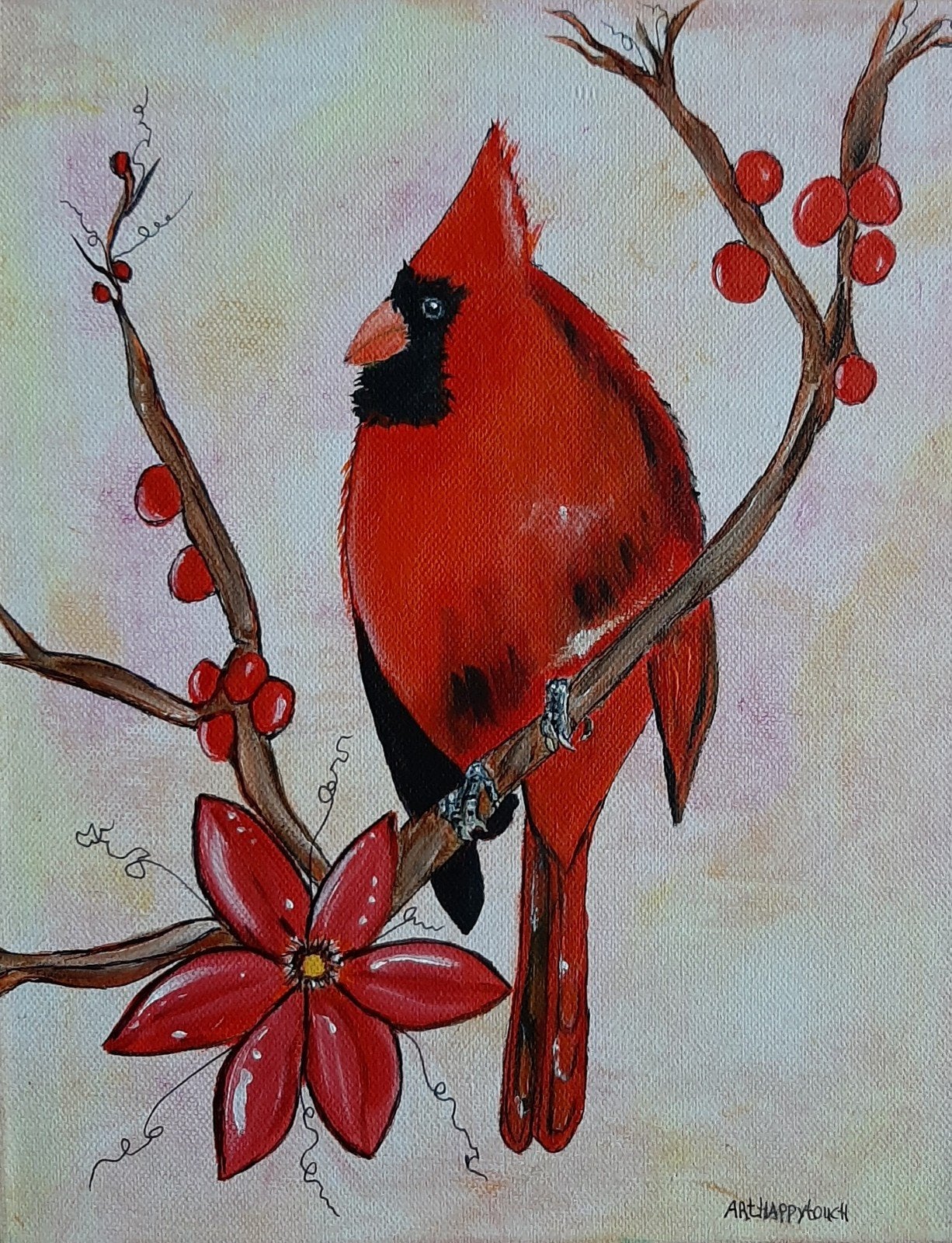 Schilderij Rode Kardinaal vogel in vrolijk acryl op canvas, Ophalen of Verzenden, Acrylverf, Dieren