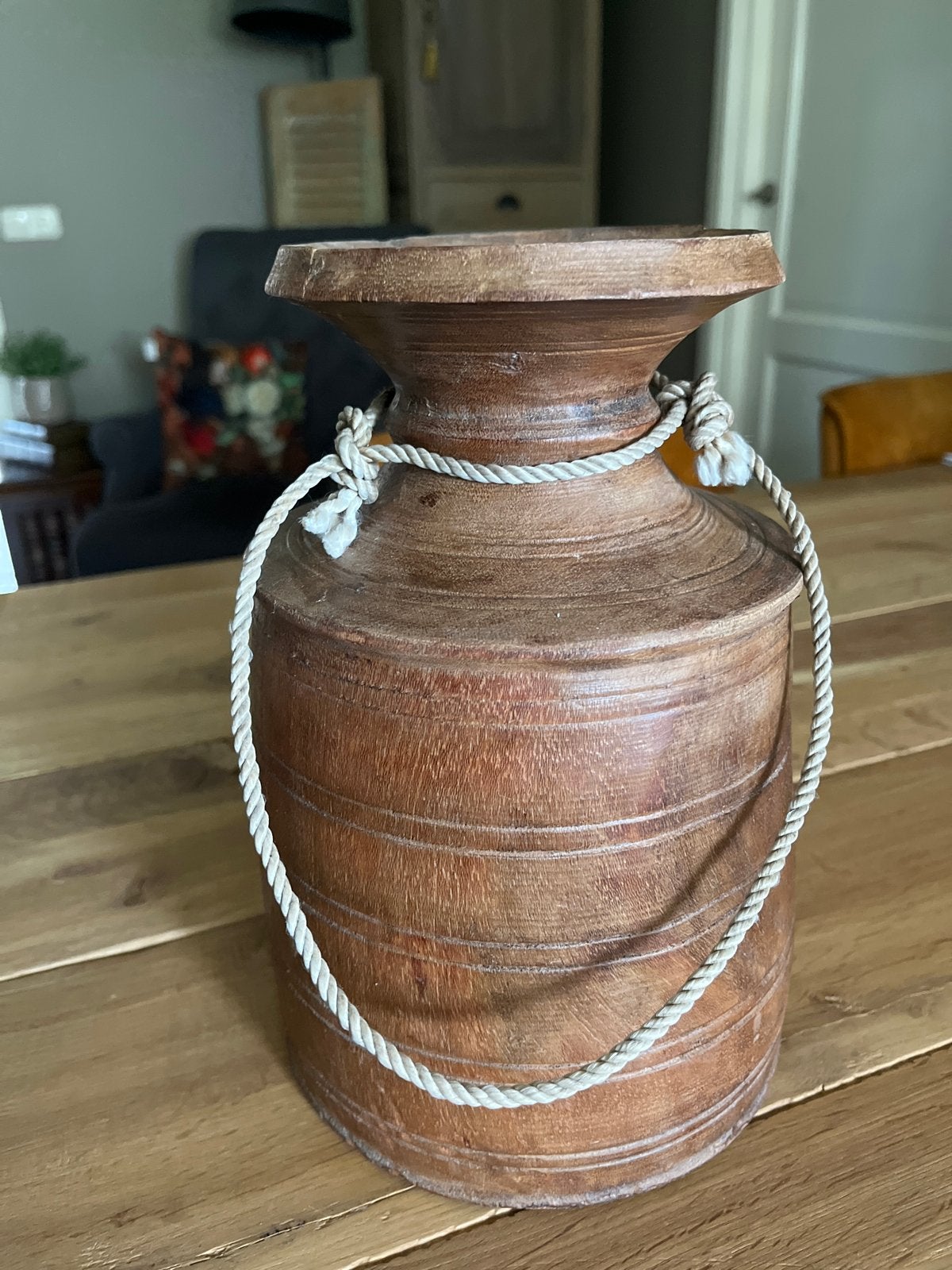 Houten kandelaar met touw - Rustieke sfeer, Gebruikt, Bruin, Ophalen of Verzenden, Kandelaar